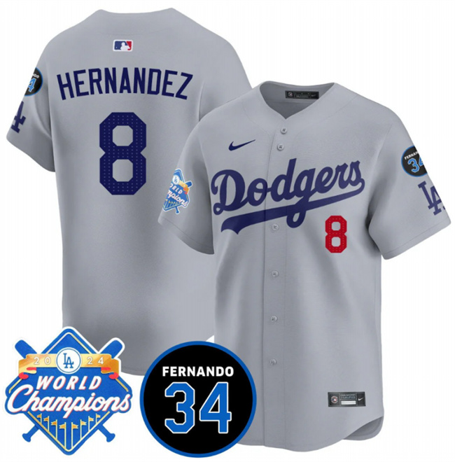 Men's Los Angeles Dodgers #8 Enrique Hernández Grey 2024 World Champions & Fernando Memorial Patch Vapor Premier Limited Stitched Baseball Jersey Men's Los Angeles Dodgers #8 Enrique Hernández Grey 2024 World Champions & Fernando Memorial Patch Vapor Premier Limited Stitched Baseball Jersey